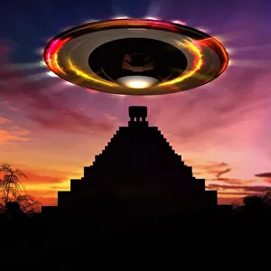 UFO over Mayan pyramid, illustration