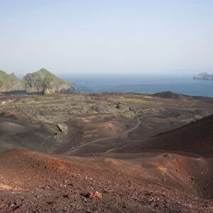 View from the Eldfell crater, Heimaey Island, Vestmannaeyjar or Westman Islands, south Iceland or Suourland, Iceland, Europe