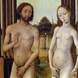 Adam and Eve expelled from the Garden of Eden after being tempted by the serpent to eat the apple
