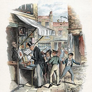 The Artful Dodger picking a pocket to the amazement of Oliver Twist. Illustration by George Cruikshank (1792-1878) for Charles Dickens Oliver Twist 1837-1839