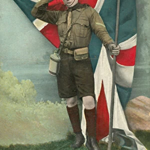 British boy scout saluting the flag (coloured photo)