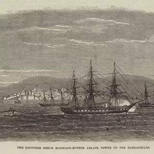 The Captured Greek Blockade-Runner Arkadi, towed up the Dardanelles (engraving)