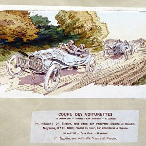 Car racing: cutting carts in 1907 - drawing by Ernest Montaut (1878-1909)