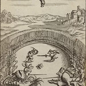 A childrens book illustration including animals and birds (engraving)