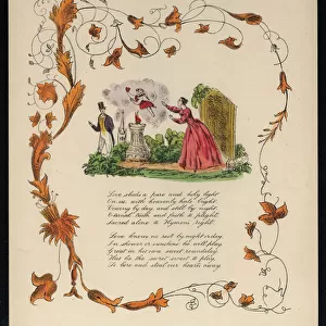 Cupid stealing a womans heart to give it to a man, love poem (colour litho)