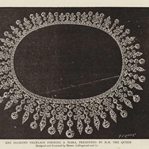 The Diamond Necklace forming a Tiara, presented by HM the Queen (b / w photo)