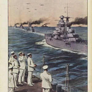 The Duce attends the naval exercises of the Year XII, a magnificent show of strength for... (colour litho)