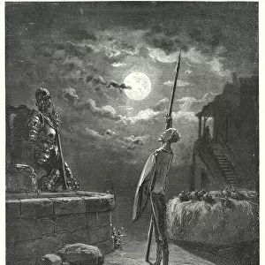 Gustave Dores Don Quixote: "He began to walk about by the horse-trough with a graceful deportment"(engraving)