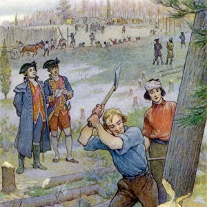 "Our axes... were immediately set to work to cut down trees"(colour litho)