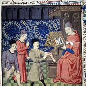 Three patients with ulcerae in the arm, eye and sex in front of the doctor. Miniature from "Surgery"(Folio 66) written by Guy de Chauliac (1290? 1368). 15th century manuscript. BN, Paris