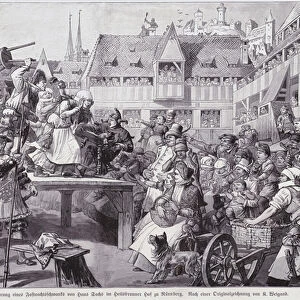 Performance of a carnival farce by the German Meistersinger Hans Sachs at the Heilsbronner Hof, Nuremberg, 16th Century (engraving)