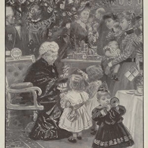 Her Soldiers Children, the Queen distributing Gifts from her Christmas Tree at Windsor to the Wives and Families of Guards and Reservists now at the Front (engraving)