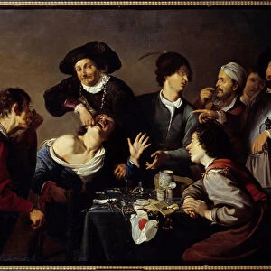 The Teeth Remover A dentist surrounds his assistants and instruments tears a patients tooth. Painting by Theodore Rombouts (1597-1637) 17th century Private Collection