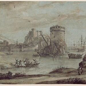 Figures in a Landscape before a Harbor