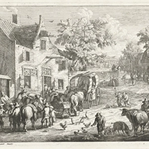 Village with travelers and cattle traders at inn, A. F. Bargas, 1660-1699