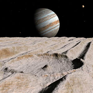 Artists concept of an impact crater on Jupiters moon Ganymede, with Jupiter