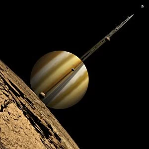 An artists depiction of a ringed gas giant planet with six moons