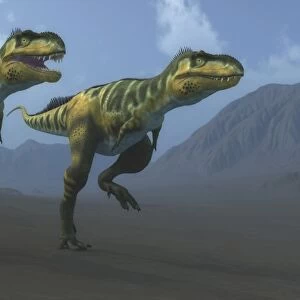 Two Bistahieversor dinosaurs hunting for prey