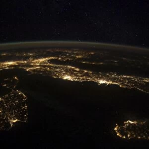 Nighttime panorama showing city lights of Europe