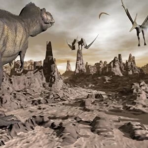 Tyrannosaurus Rex dinosaur and Pteranodons on a rocky desert landscape