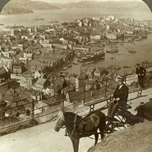 Bergen, west from the Floifjeld, over the harbor (right) and Puddefjord (distant)