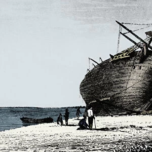 HMS Beagle laid ashore, Rio Santa Cruz, Patagonia, South America, 1834 (1839)