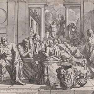 Platos symposium: Socrates and his companions seated around a table discussing ideal