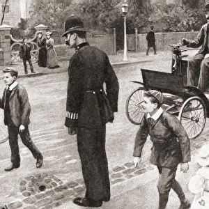 The Act of Parliament passed in 1896 which enabled motor cars to be used on British roads contained an irksome proviso which stipulated that each vehicle had to be preceded by a person carrying a red flag. Seen here, a driver ironically employs a small boy to carry a minute red square