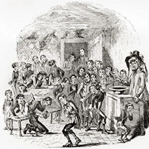Brimstone Morning at Dotheboys Hall. Mrs Squeers administering a compulsory dose of brimstone and treacle to the starving pupils of Dotheboys Hall. Illustration from the novel Nicholas Nickleby by Charles Dickens. From International Library of Famous Literature, published c. 1900