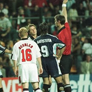 David Beckham is sent off the pitch June 1998 by referee Kim Nielsen against