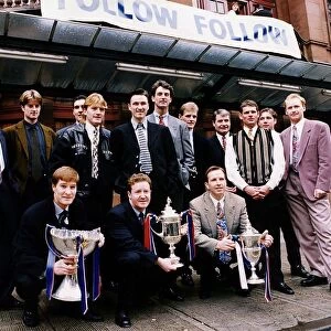 Rangers FC Team outside Kings Theatre Glasgow at Follow Follow play on pavment line-up