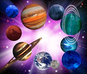Big Bang Prints: Computer artwork of planets on a large explosion